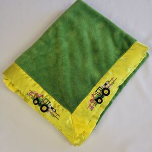 John Deere Tractor Green Plush Security Blanket Baby Lovey Yellow Satin Trim Cow
